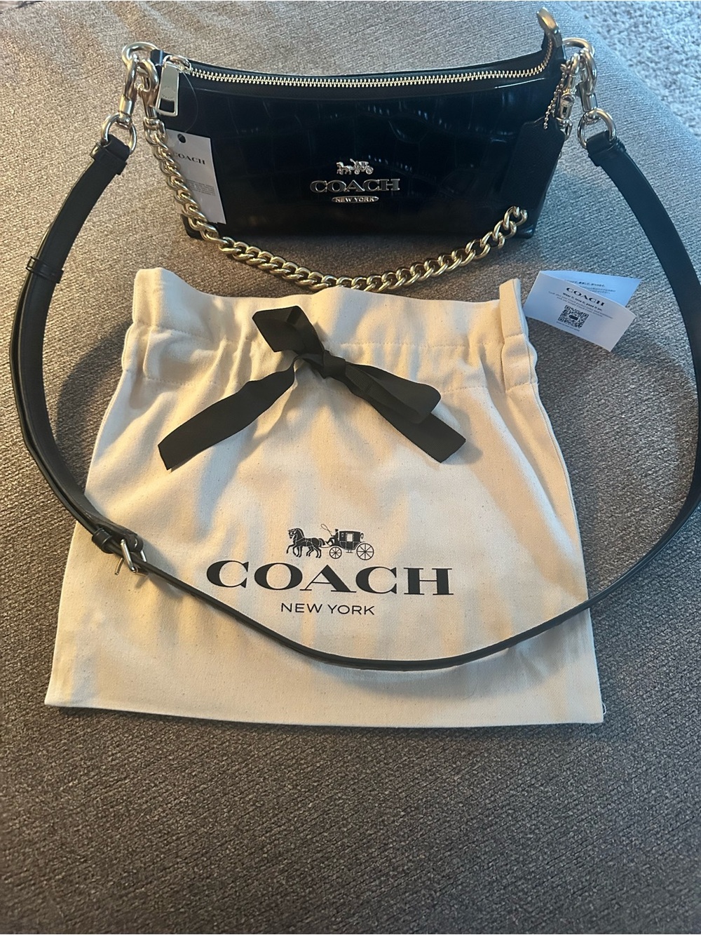 Coach ❤️Limited Charlotte Shoulder Bag In  Black Crocodile-embossed leather. NWT - Picture 3 of 14